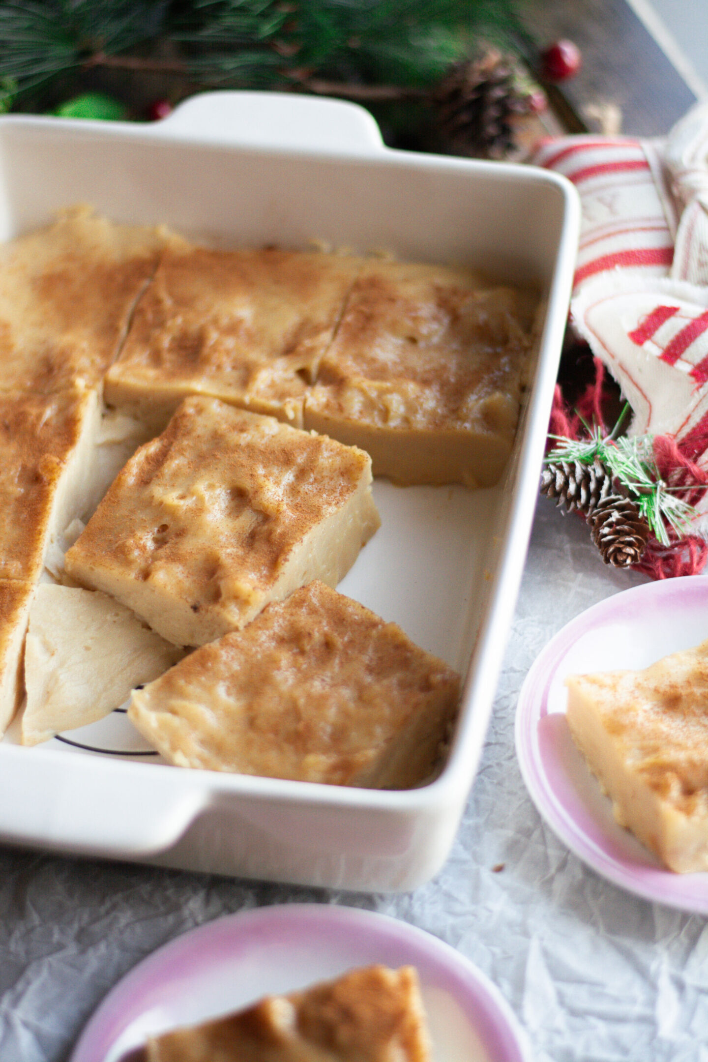 A baking dish with squares of Colombian natilla with panela sprinkled with ground cinnamon.