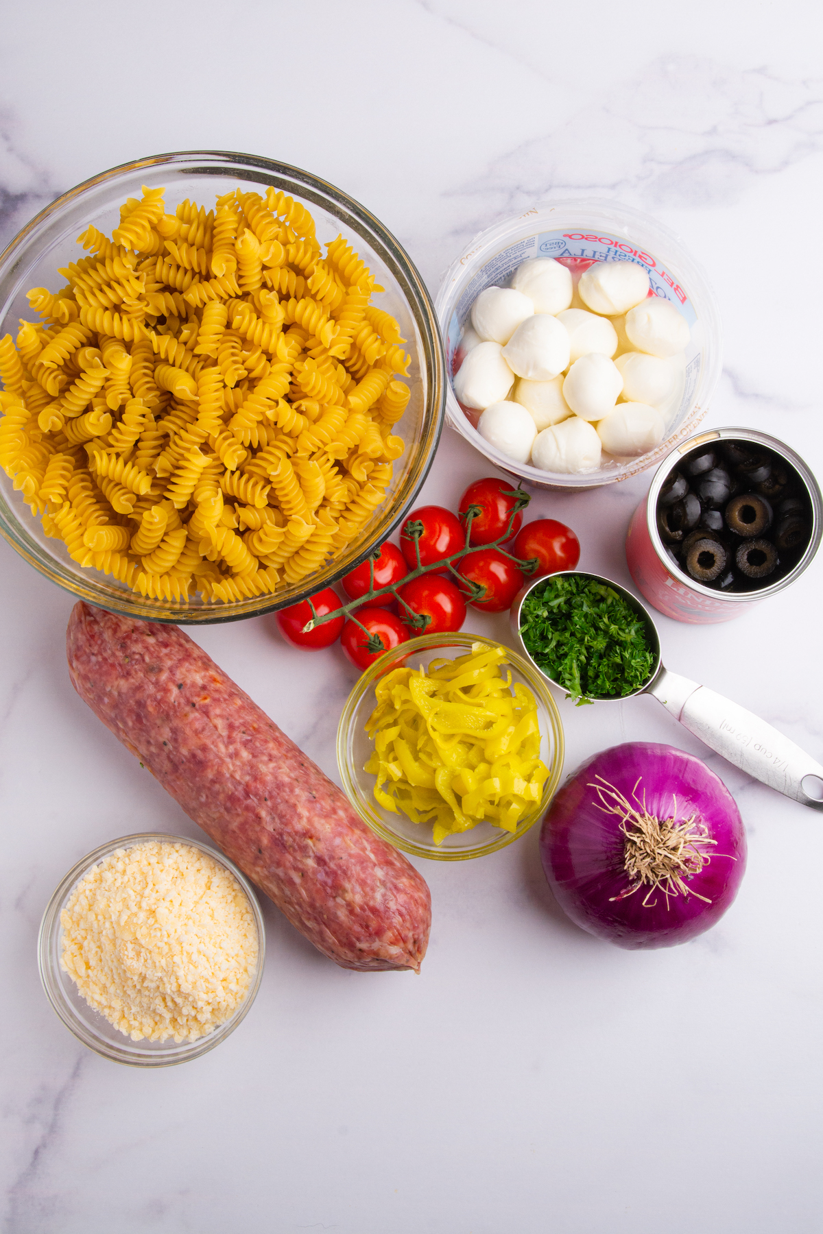 Ingredients for an Italian Pasta Salad. Uncooked rotini pasta, mozzarella balls, cherry tomatoes, a can of sliced black olives, pepperoncini slices, a red onion, salami sausage, grated Parmesan cheese.