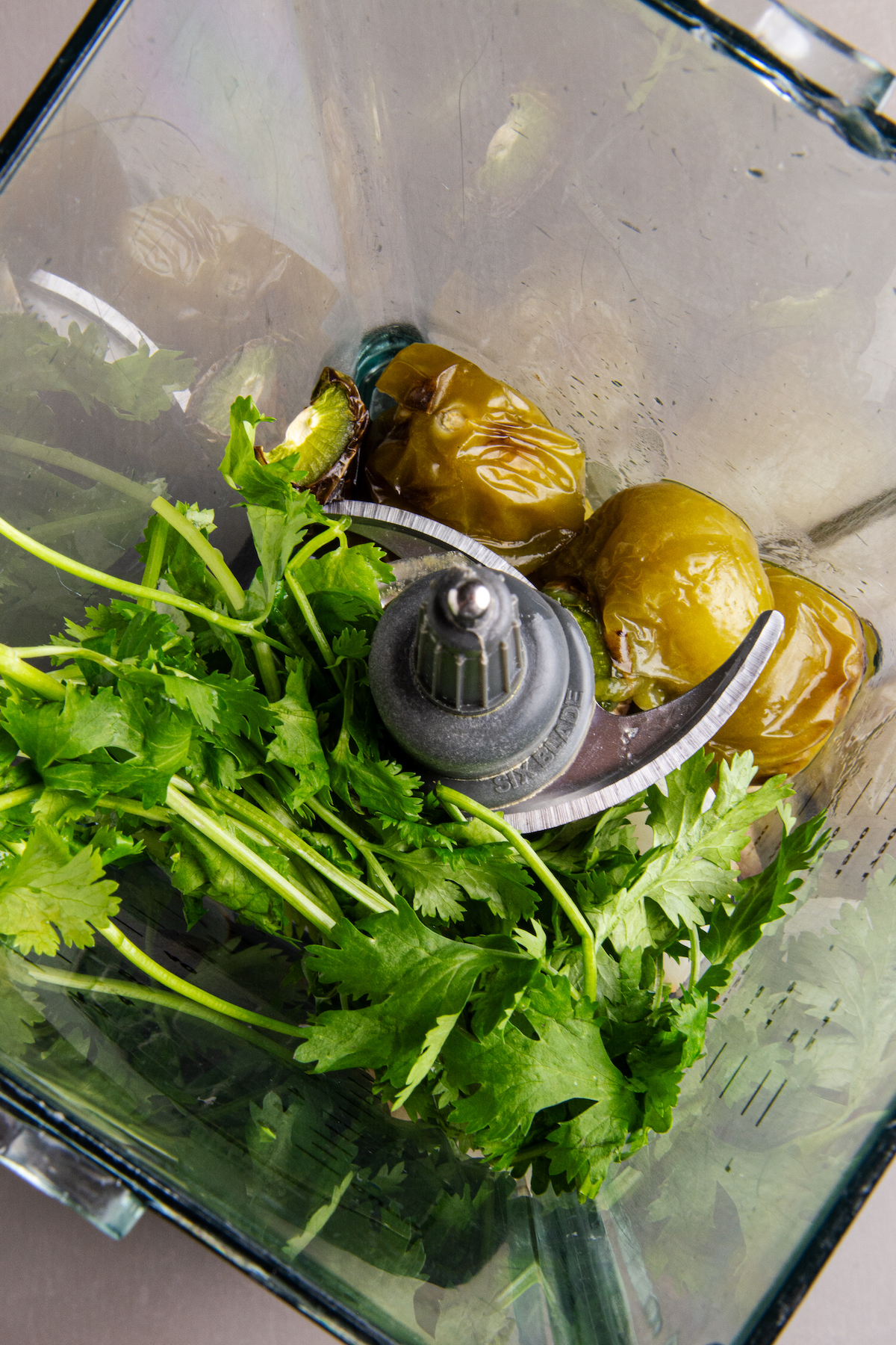 A blender with roasted tomatillos and a bunch of whole cilantro for making Roasted Tomatillo Salsa Verde.