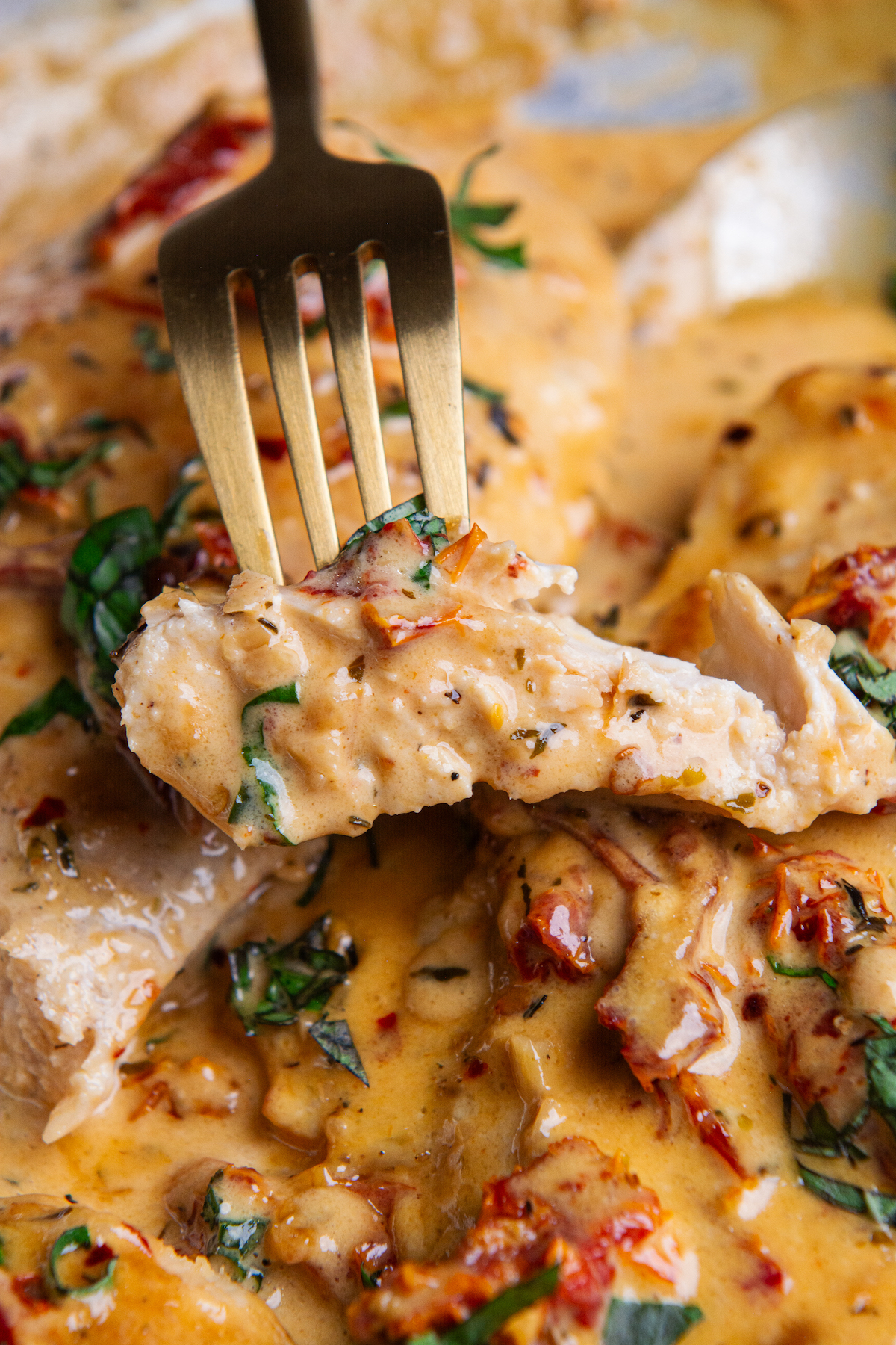 A golden fork holding a with bite of chicken breast garnished with chopped basil and bathed in a Marry Me Chicken creamy sauce.