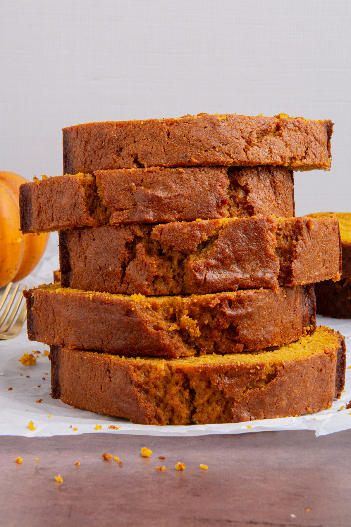 A stack of sliced pumpkin bread.