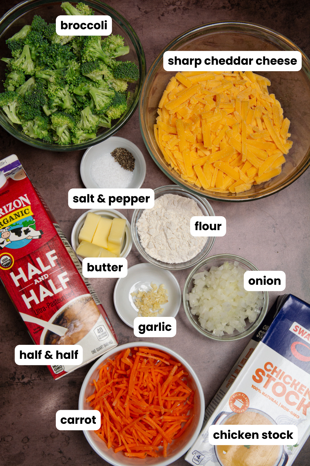 List of ingredients to make broccoli cheddar soup, which include broccoli, shredded carrot, shredded sharp cheddar cheese, flour, butter, onion, garlic, half and half, chicken stock, satl, and pepper.