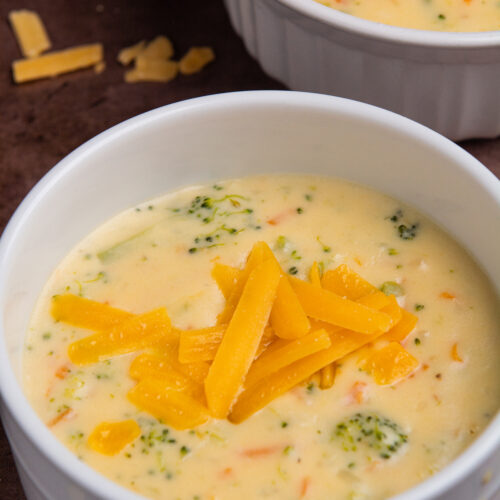 A bowl with broccoli cheddar soup.