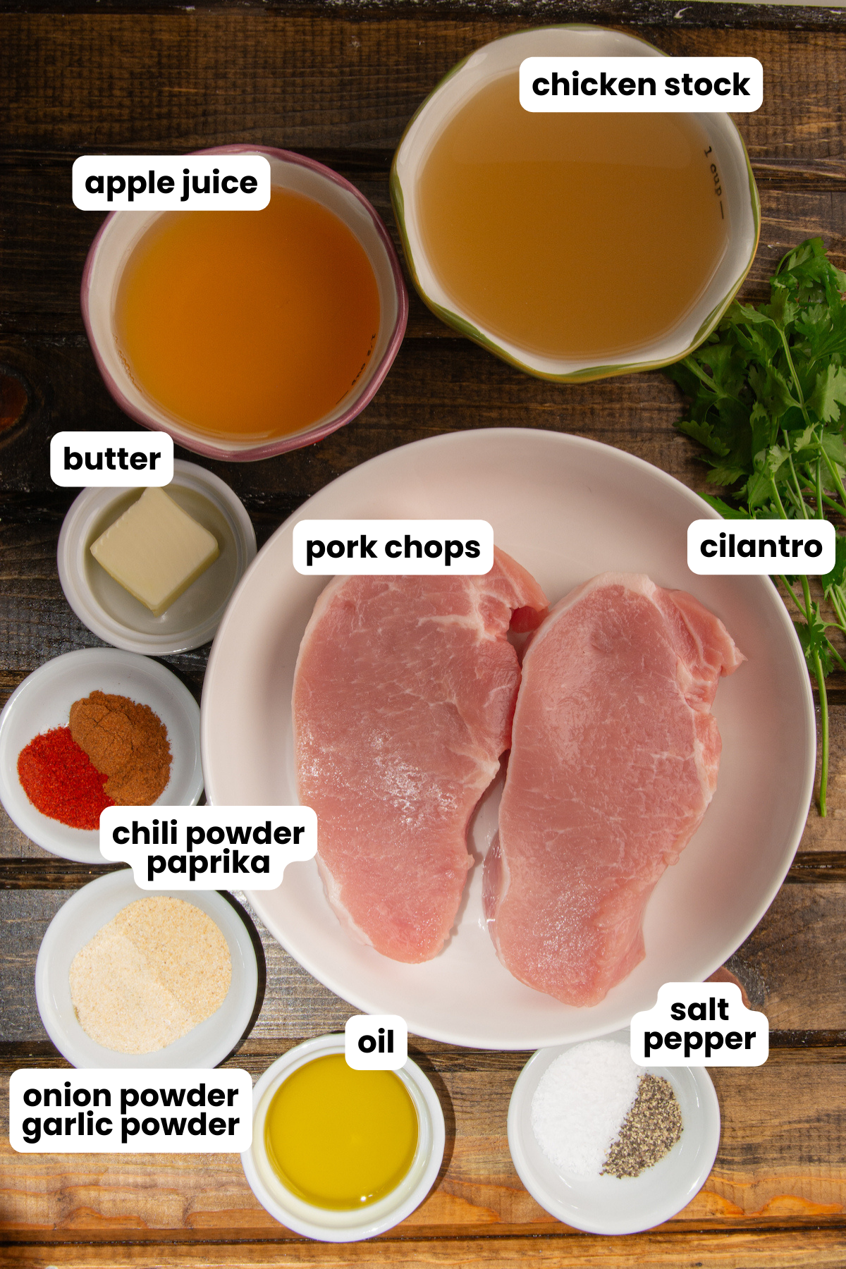 Ingredients for making pan seared pork chops: Two boneless pork chops, chicken stock, apple juice, butter, chili powder, paprika, onion powder, garlic powder, oil, salt and pepper.