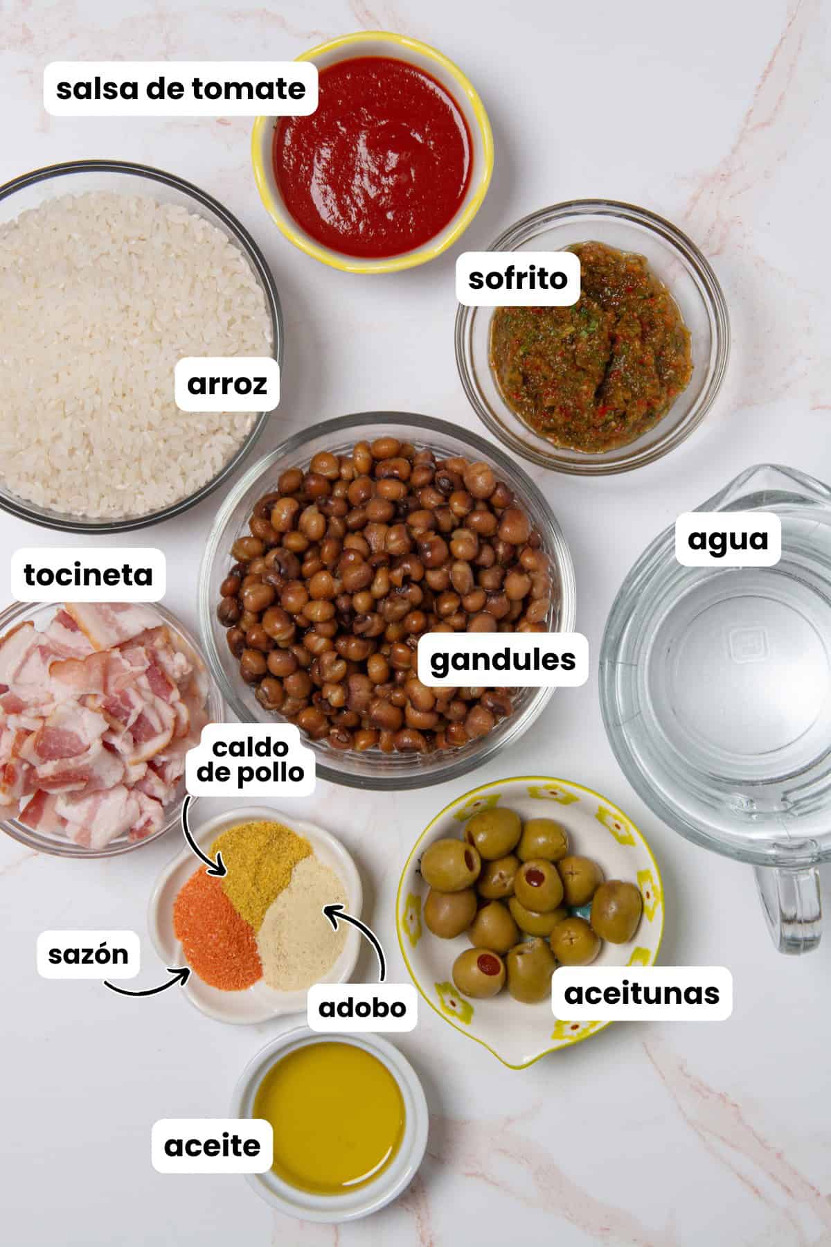 Ingredients for arroz con gandules: oil, bacon, sofrito, tomato sauce, chicken bouillon, sazón, adobo, green olives, rice, gandules, and water.