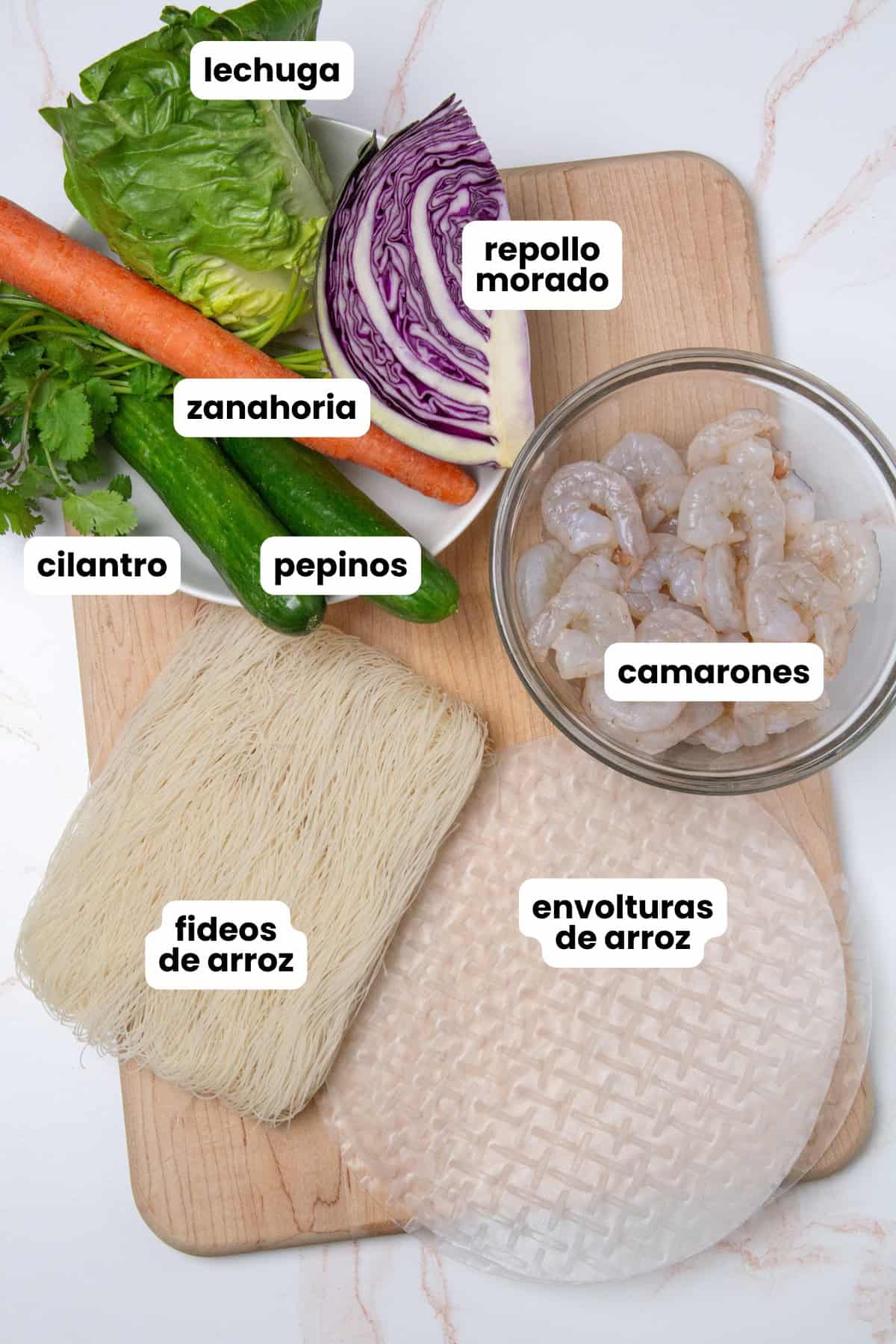 Ingredients in Spanish for making fresh spring rolls which include spring roll wrappers, vermicelli rice noodles, lettuce, carrot, cucumbers, purple cabbage, cilantro, and shrimp.