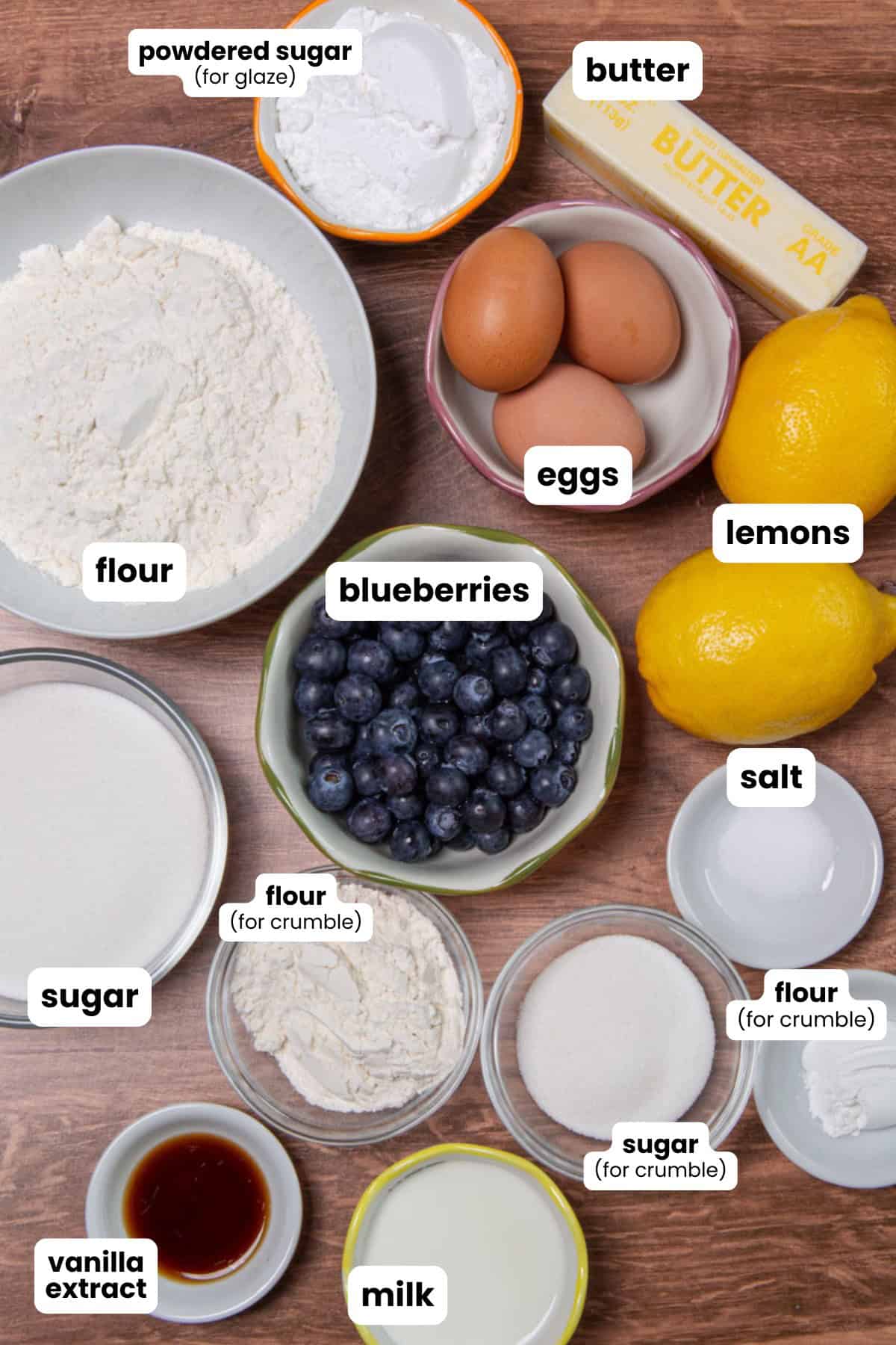 Ingredients for a Lemon Blueberry Loaf which include, flour, sugar, butter, lemons, eggs, milk, vanilla extract, salt