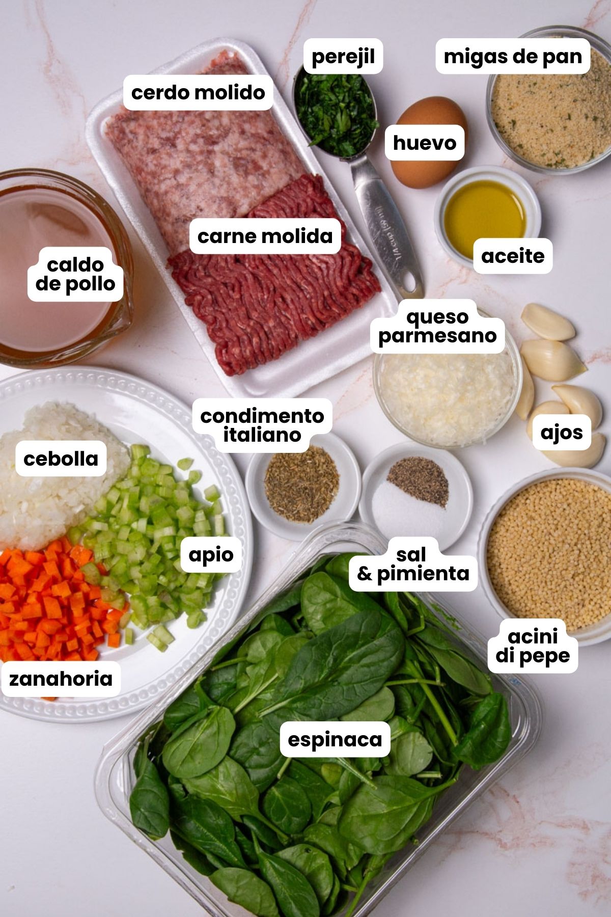 List of ingredientes in Spanish for an Italian Wedding Soup which include ground pork, ground beef, parsley, breadcrumbs, one egg, oil, Parmesan cheese, six garlic cloves, Italian seasoning, chicken broth, onion, carrot, celery, spinach, acini di pepe pasta, salt, and black pepper.