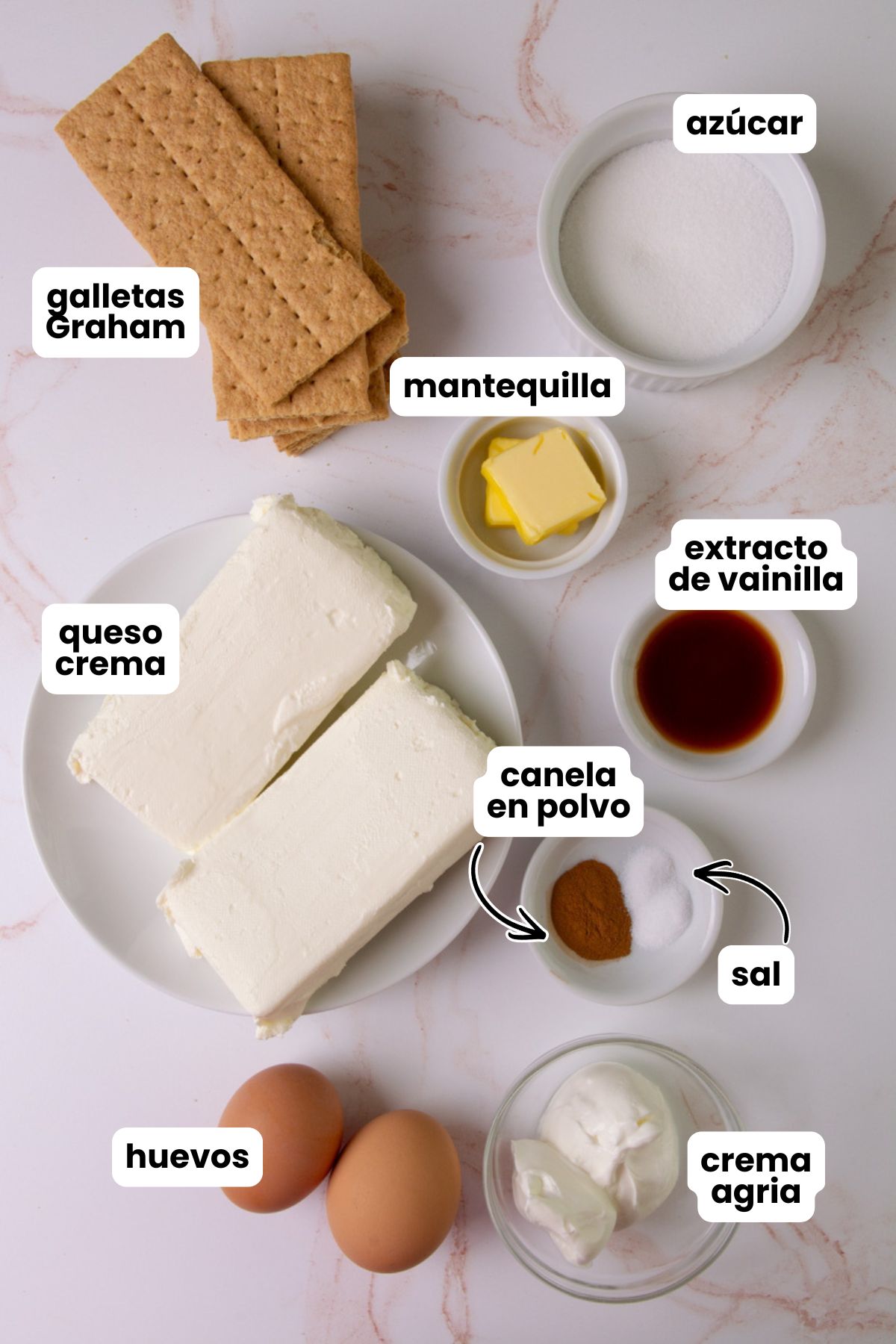 List of ingredients in Spanish for making mini cheesecakes which include Graham crackers, white sugar, butter, cream cheese, sour cream, eggs, vanilla extract, ground cinnamon, and salt