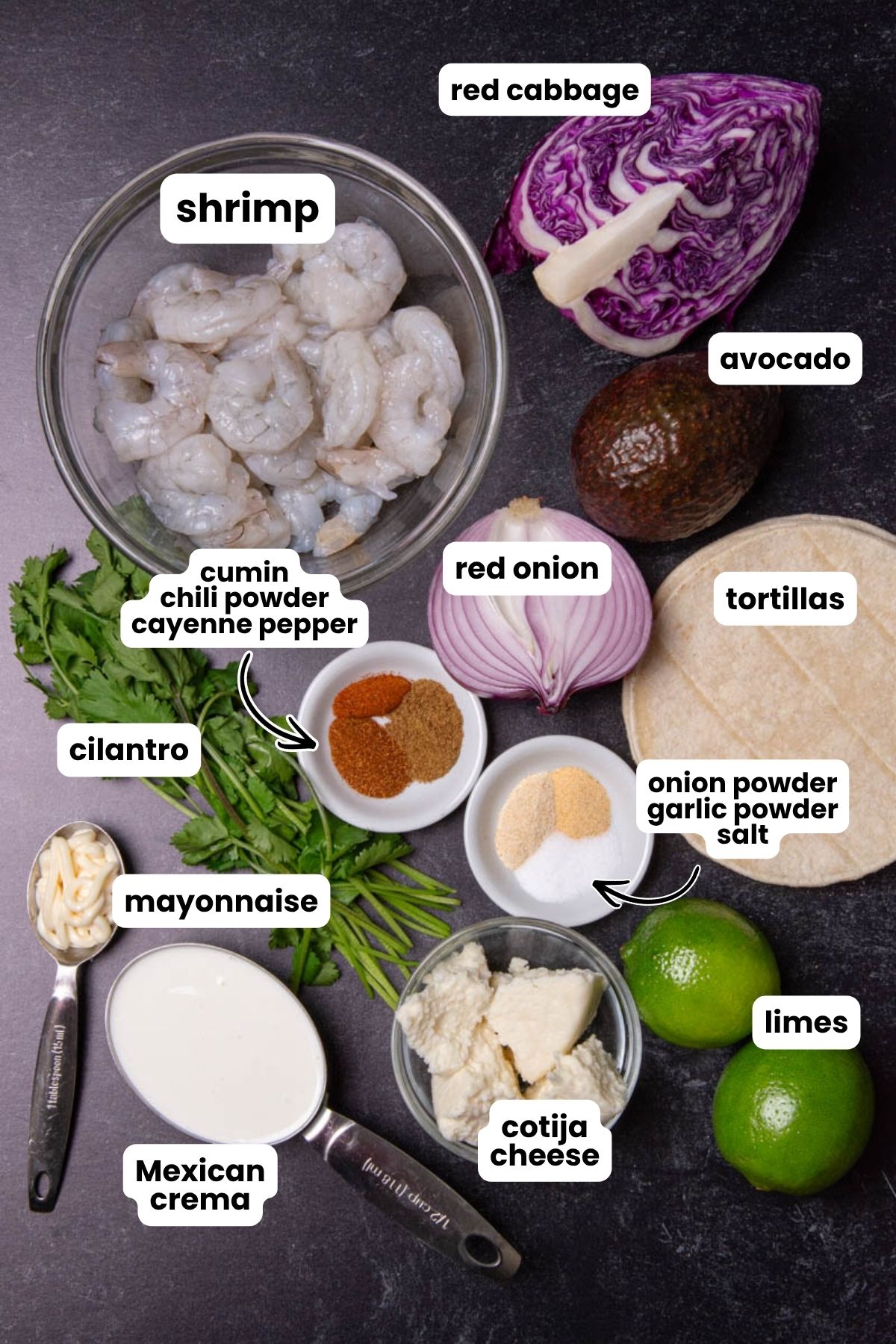 Ingredients for shrimp tacos which include shrimp, red cabbage, avocado, red onion, cilantro, ground cumin, chili powder, cayenne pepper, onion powder, garlic powder, salt, limes, Mexican crema, mayonnaise, cotija cheese, and tortillas.
